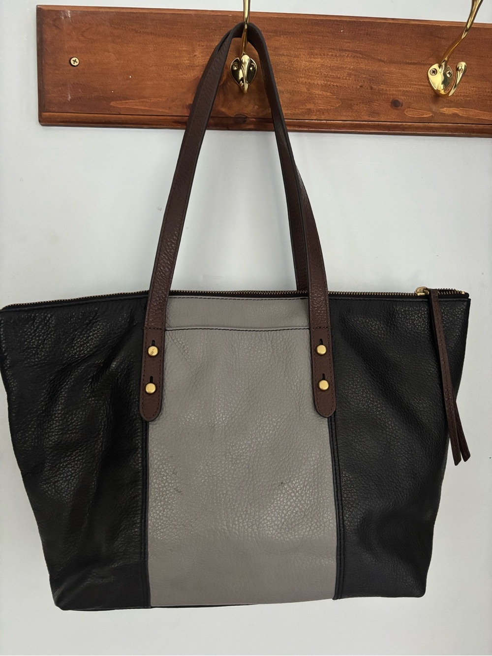 Fossil Black & Gray Leather Colorblock Tote with Brown Straps